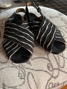 Black and White Striped Open-Toe Slingback Sandals